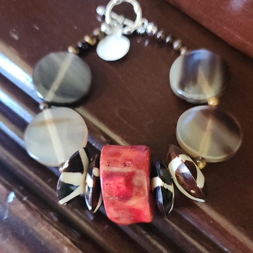 Handmade Elegant Red Coral and Bone Bead Bracelet.